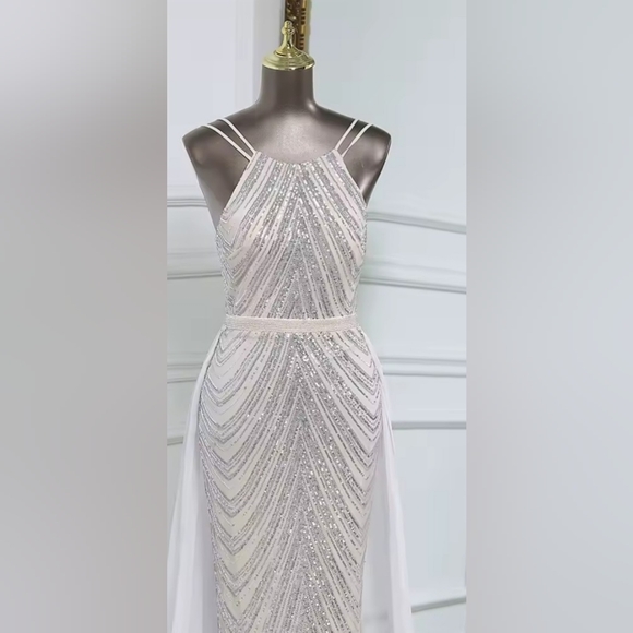 Silver,  O Neck, Sleeveless,  Detachable Skirt, Sequined Mermaid Gown - Picture 14 of 16